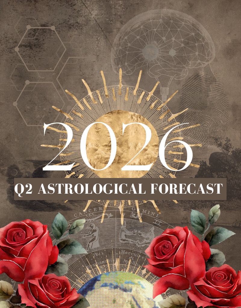 2026 Q2 Astrological Forecast with astrological symbols and red roses on a textured background