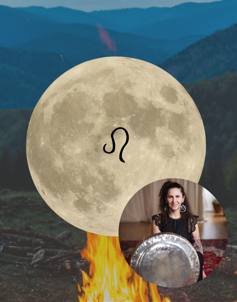 Person with a zodiac sign symbol over a moon, with mountains and fire in the background