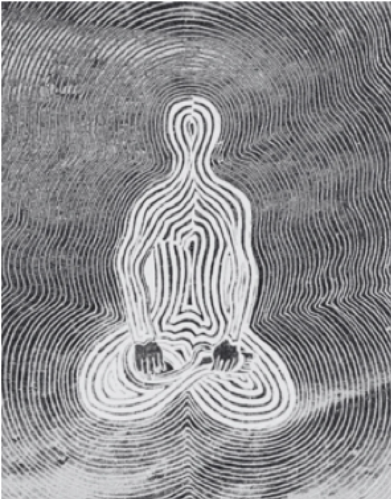 Abstract black and white line art of a figure with a cat on a textured background