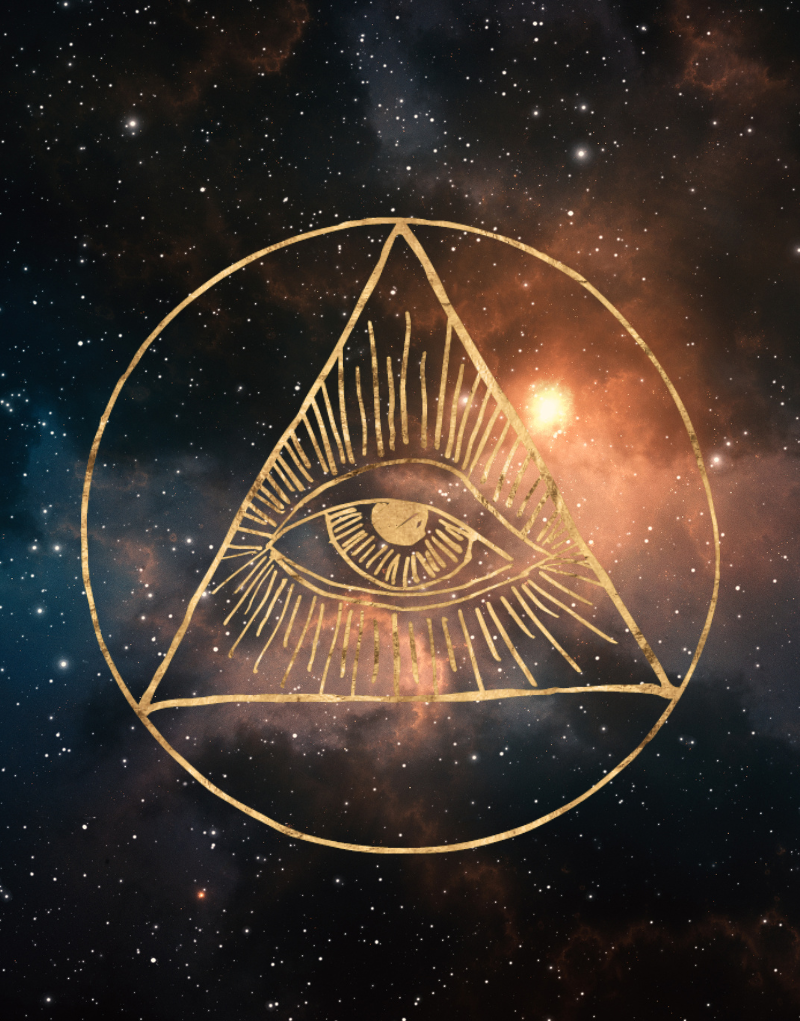 All-seeing eye symbol within a triangle on a starry night sky background