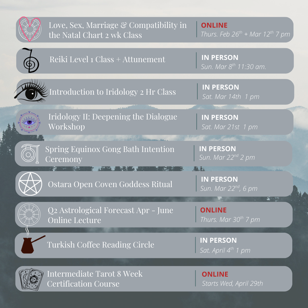 Event schedule with classes and ceremonies listed against a nature-themed background