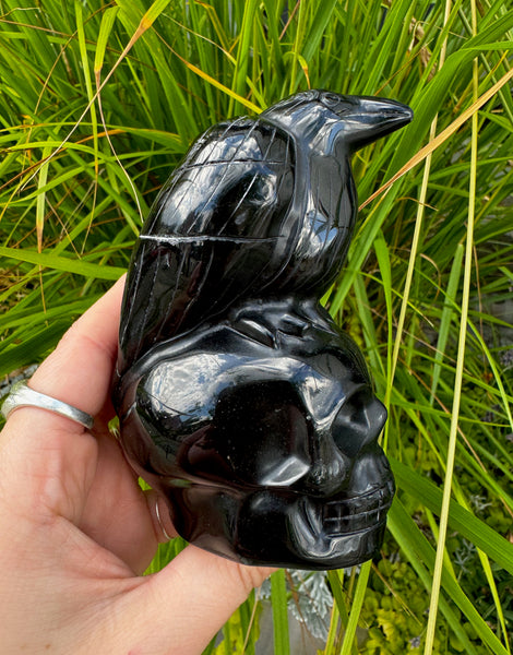 OBSIDIAN RAVEN SKULL STATUE