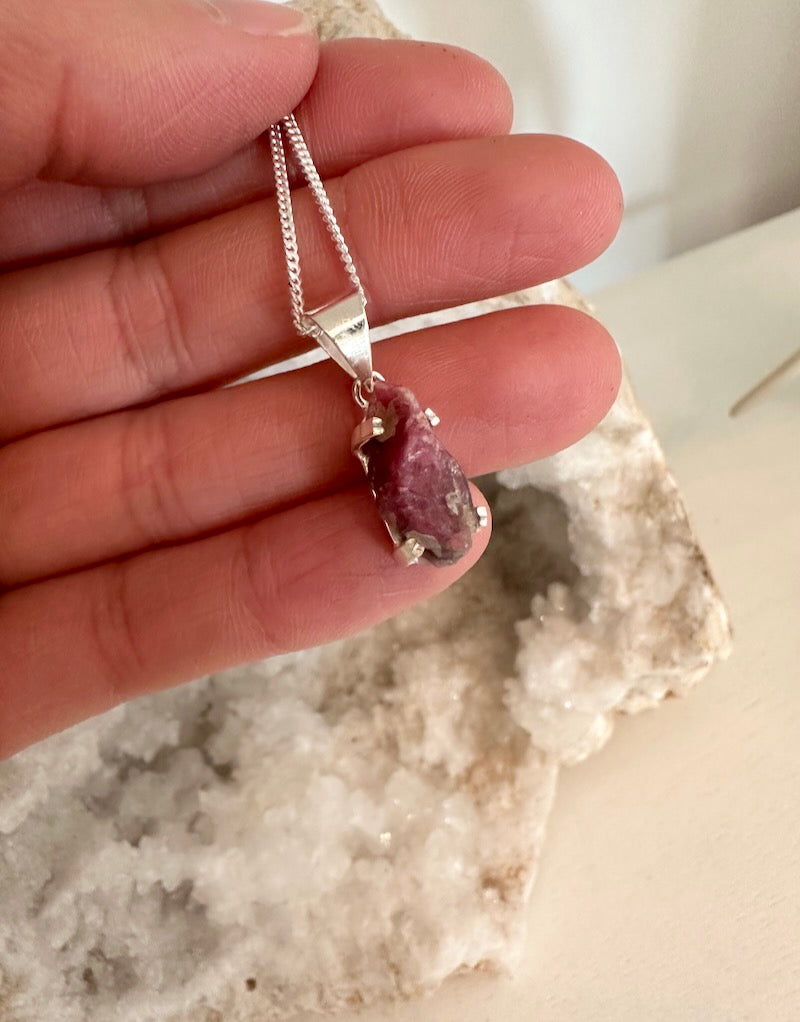 Pink Tourmaline Raw Silver Pendant
