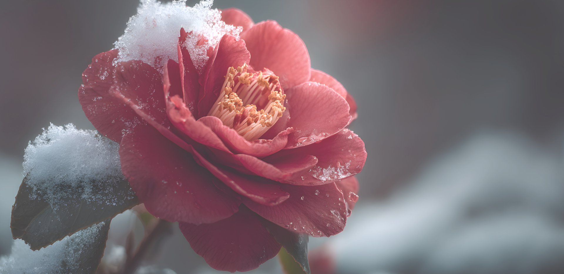 Red flower with snow on its petals against a blurred background