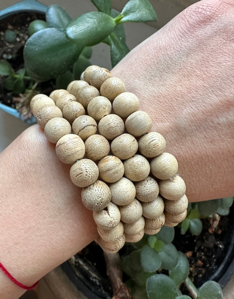 Close-up of a hand wearing a beige beaded bracelet with plants in the background